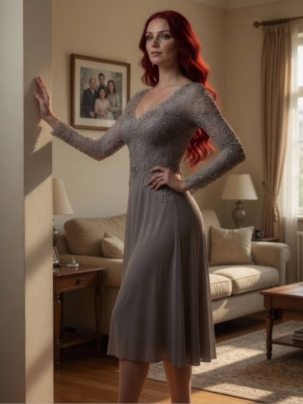 MGNY Madeline Gardner Slate Gray Beaded Illusion Gown - Size 6- Tea Length